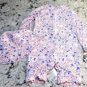 Eddie Bauer Pink and Blue Floral One Piece Rashguard Swimsuit with Bucket Hat